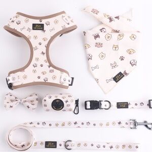 The Luxury Cream Dog Pattern Adjustable Harness & Leash Set